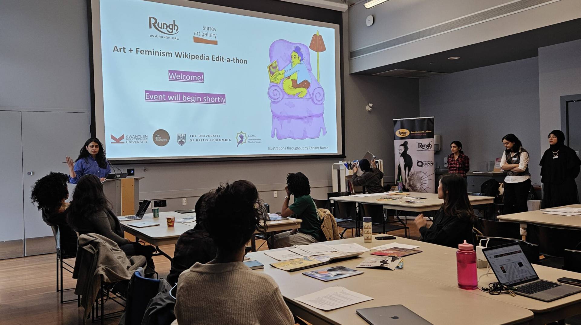 Diversity group discussion at Rungh Art Gallery, featuring speakers and audience engaging in feminist and art activism.