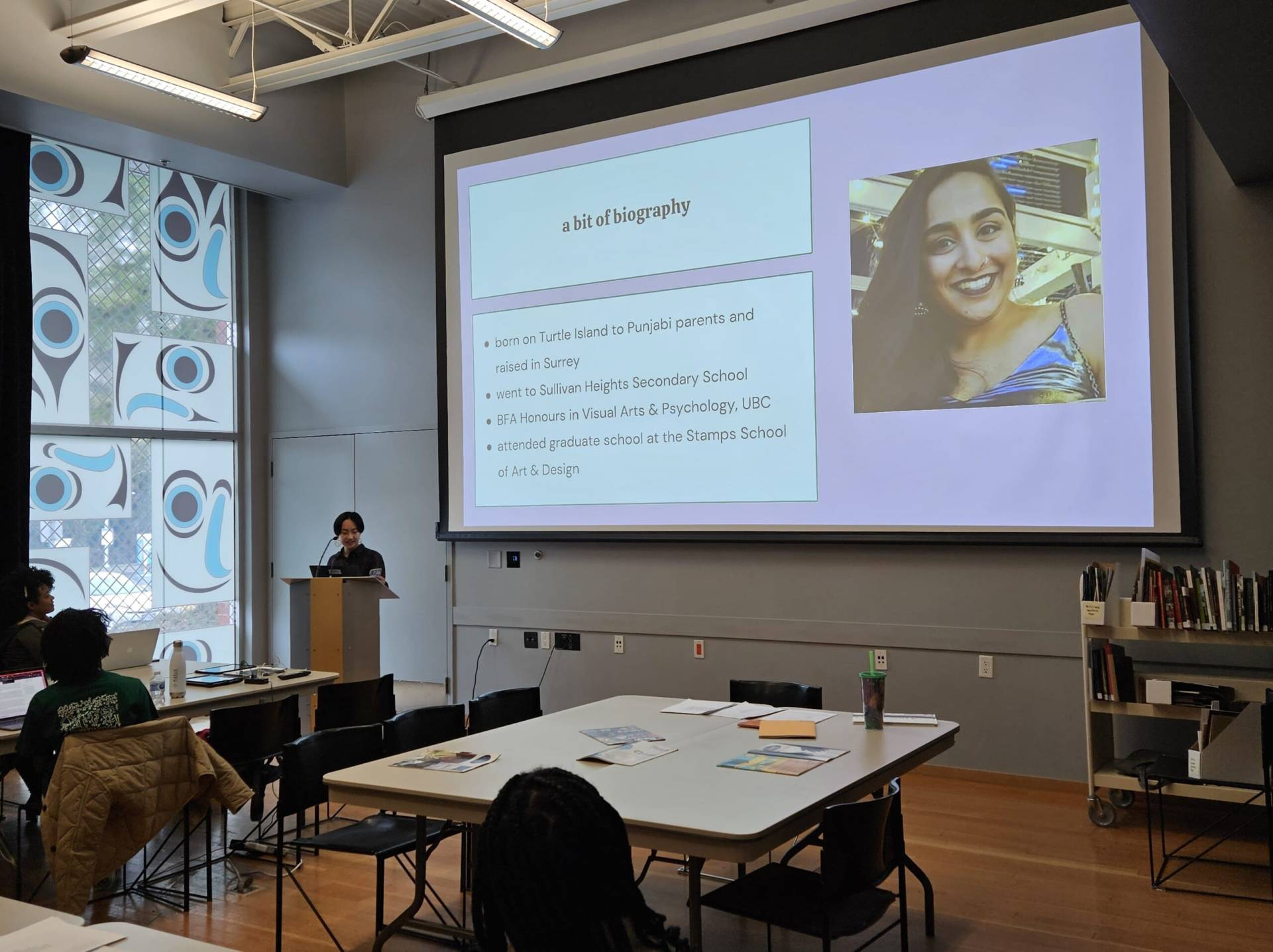Educational presentation about a woman's biography at Rungh multi-disciplinary art and culture organization in Vancouver.