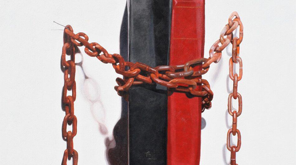 The Same Chains. 91 x 76 cm. Acrylic on canvas 2020. Artist: David Garneau.