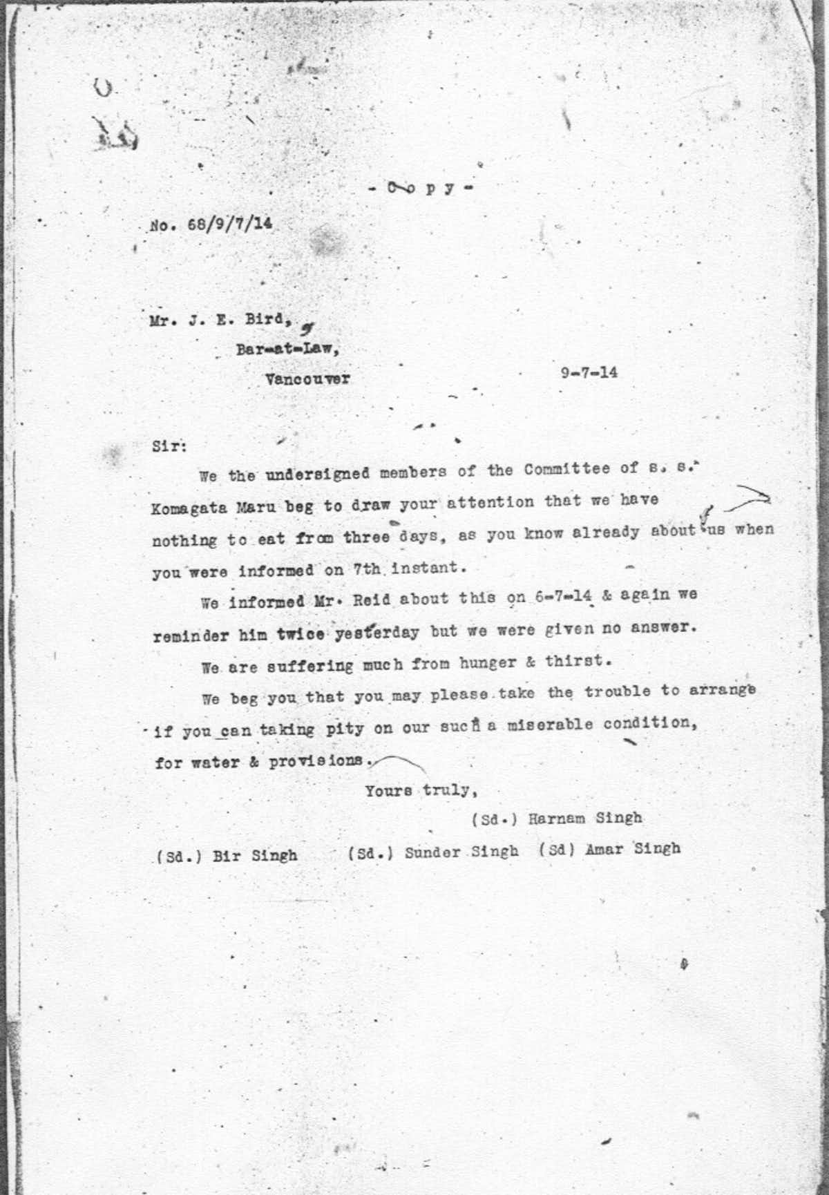 A letter from the Komagata Maru passengers available in the archives. (Library and Archives Canada)