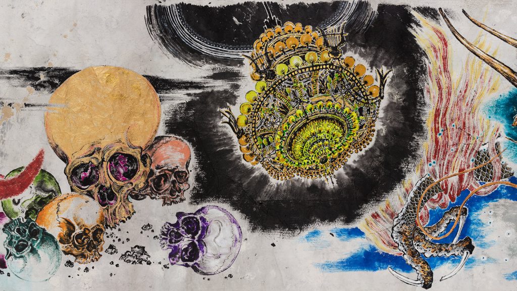 Sun Xun, Mythology or Rebellious Bone, 2020 (detail), ink, gold leaf, natural colour pigment on paper, Courtesy of the Artist and ShanghART Gallery