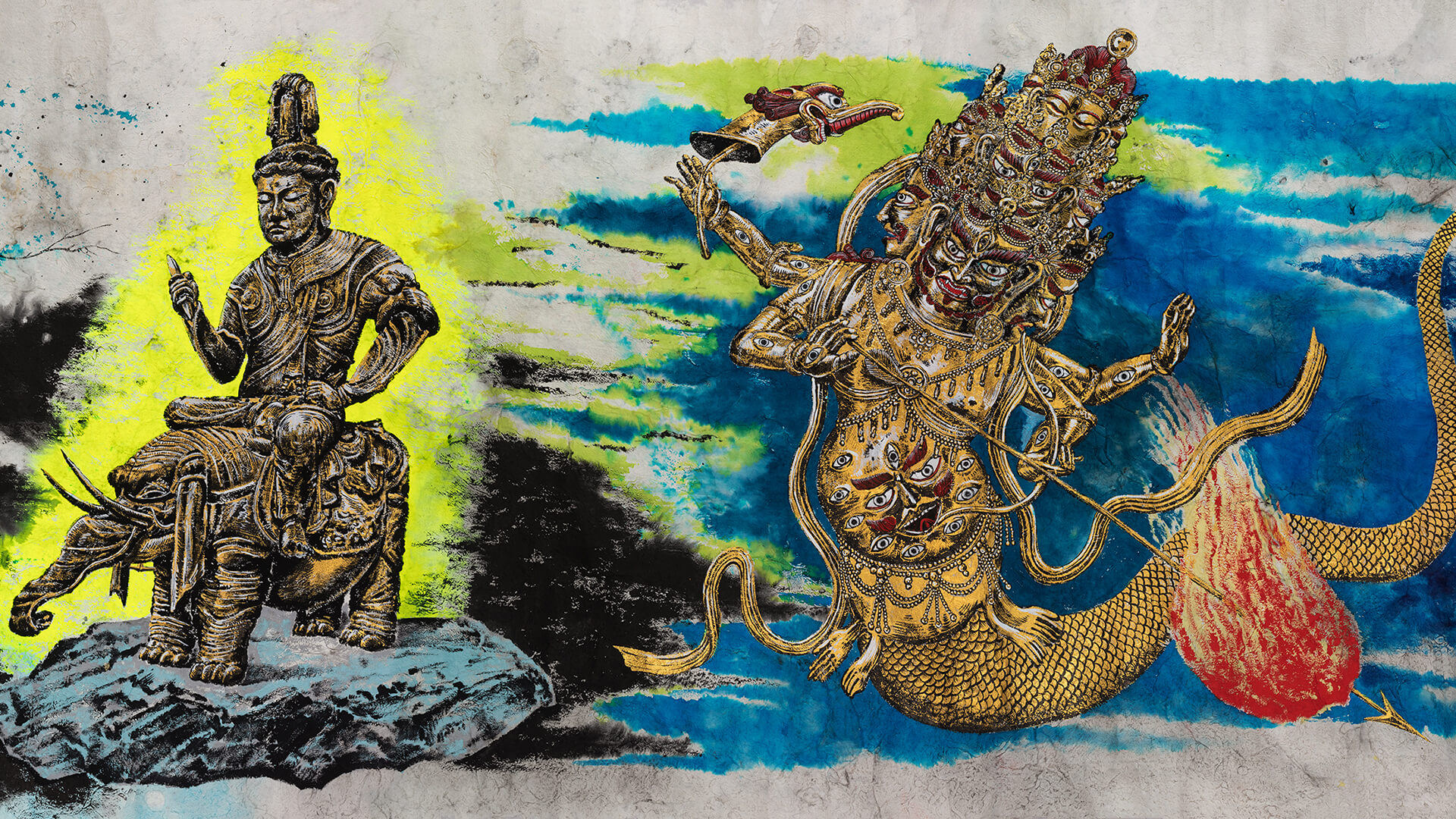 Sun Xun, Mythology or Rebellious Bone, 2020 (detail), ink, gold leaf, natural colour pigment on paper. Courtesy of the Artist and ShanghART Gallery.
