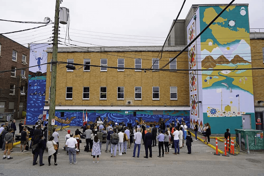 Taike-sye’yə. Komagata Maru Mural Project. Artists: Keerat Kaur, Alicia Point (Musqueam, Stó:lō, Kwantlen) , Cyler Sparrow-Point (Musqueam). Source: Vancouver Mural Festival.