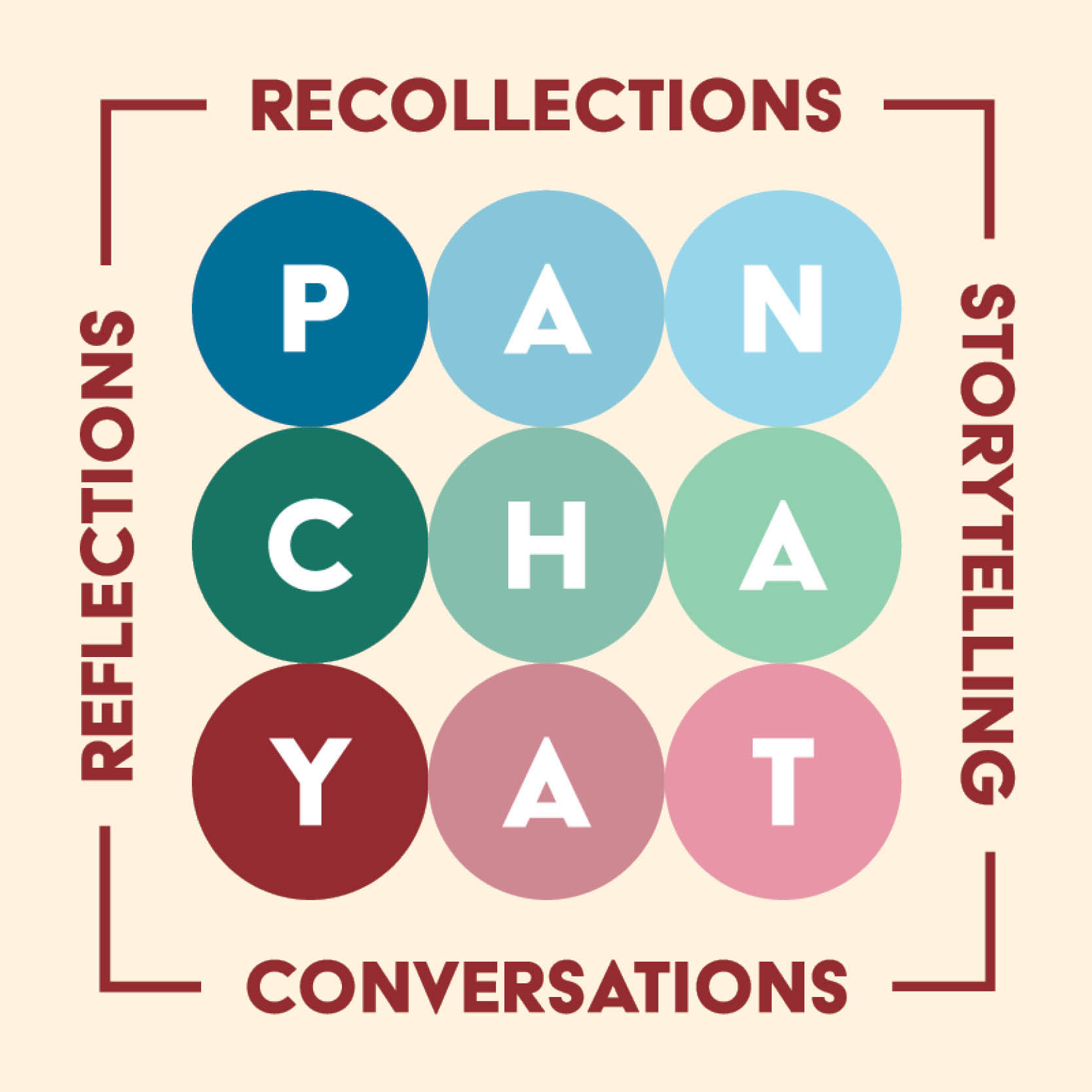 Diverse colorful circles with letters spelling "PAN CHAT" for engaging conversations and storytellin.