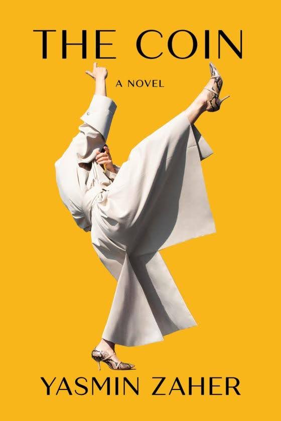 A woman performing a high kick in a white outfit against a yellow background, promoting the novel "T.